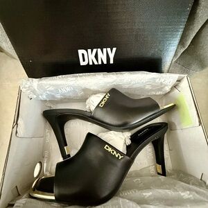 DKNY Bronx Black Dress Sandals with Gold Accents (NWT)